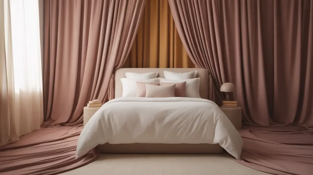 bedroom design for curtains behind bed